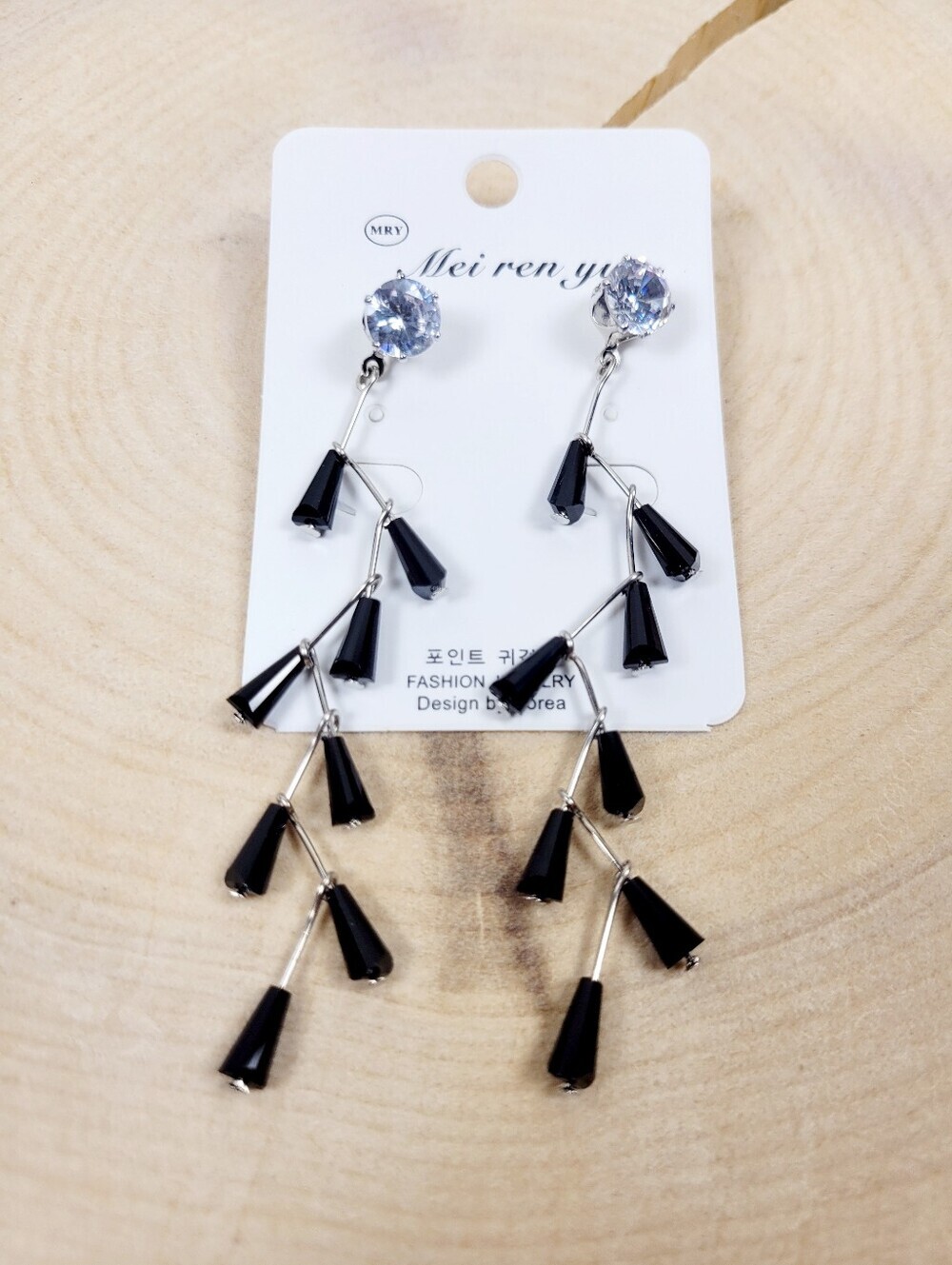 Brand New Silver Tone Black Beads Rhinestone Dangle Earrings
